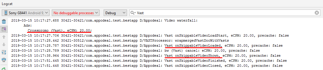 SDK logs showing VAST campaign
