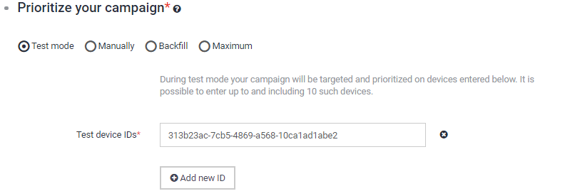 VAST test mode settings