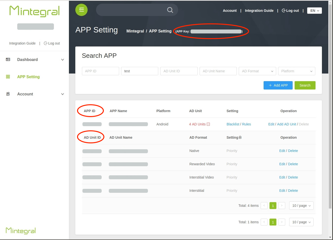 App Key, App ID and Ad Unit ID
